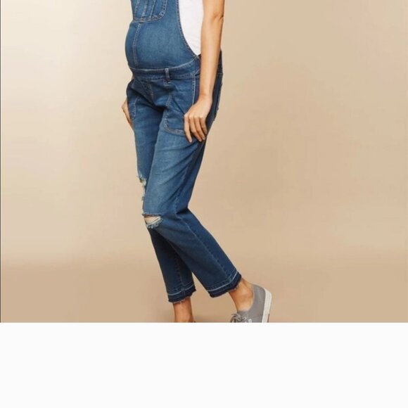 Indigo Blue Maternity Overalls Distressed Raw Hem Women's size S Dark Blue Jeans - Picture 1 of 9